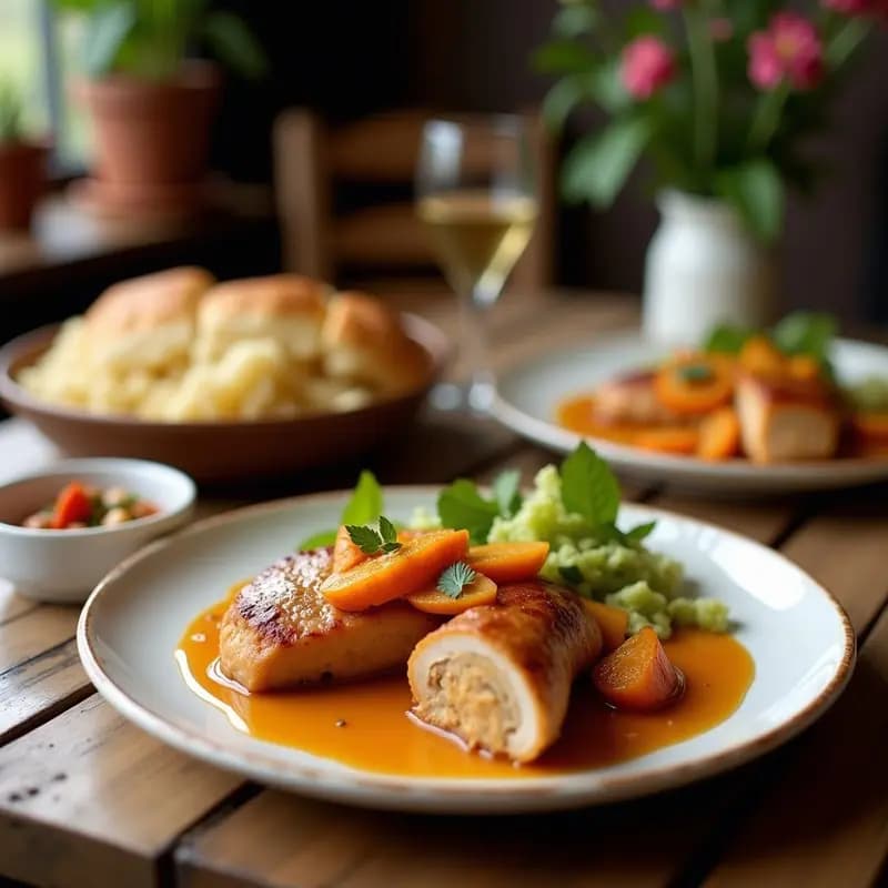 Plato de porcelana blanca con rodajas de Boudin Blanc de Pollo y Manzana, doradas y jugosas, napadas con caldo reducido. Acompañadas de gajos de manzana cocida y almendras fileteadas tostadas. Fondo rústico con servilleta de lino y rama de tomillo.