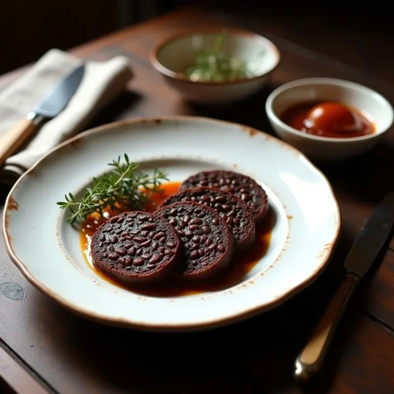 Rodajas doradas de boudin noir vegano de lentejas y cebolla caramelizada, con textura compacta y color oscuro, servidas sobre un plato blanco con compota de manzana al lado.