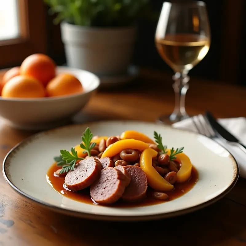 Plato de porcelana blanca con rodajas de boudin noir francés doradas y jugosas, servidas sobre manzanas Golden caramelizadas con un brillo dorado. Decorado con nueces picadas y un hilo de miel de sidra, en un fondo rústico de madera con una rama de tomillo fresco.
