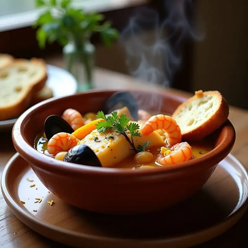 Bouillabaisse francesa tradicional servida en cuenco de barro con trozos de rape, merluza, mejillones, gambas y calamares en un caldo dorado aromatizado con azafrán y hierbas. Acompañada de rebanadas de pan tostado y perejil fresco.