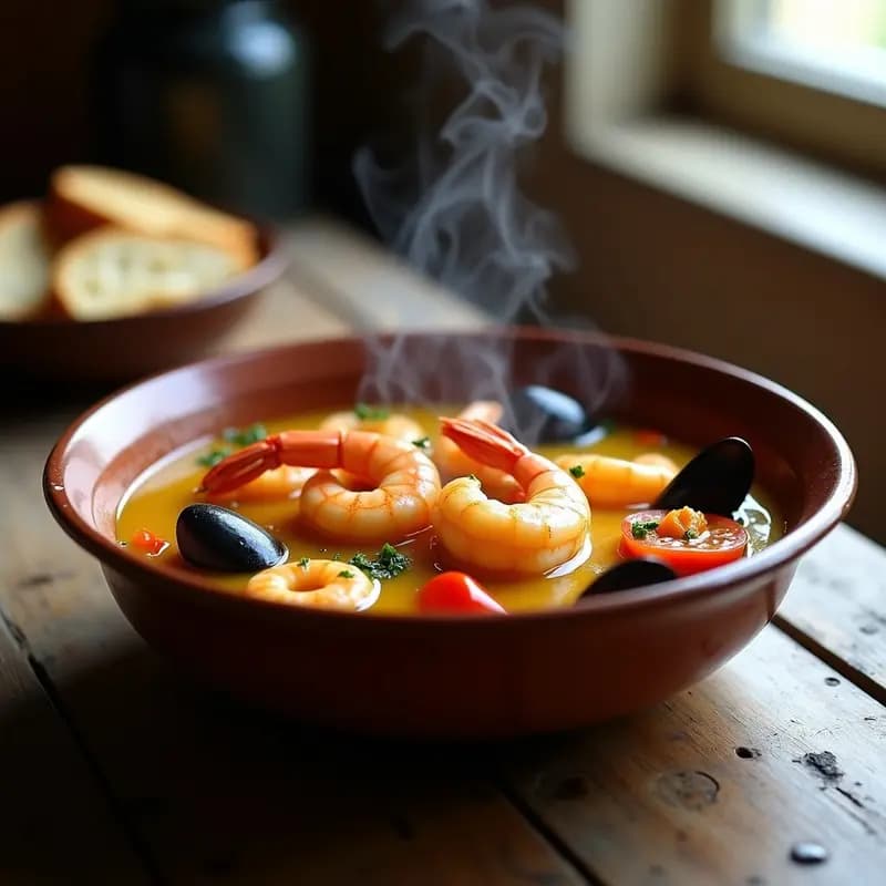 Bouillabaisse de gambas y mejillones en cuenco de barro rústico, con caldo dorado aromatizado con azafrán, gambas rosadas y mejillones abiertos, acompañada de rebanadas de pan tostado y perejil fresco. Receta francesa de Marsella en olla lenta.