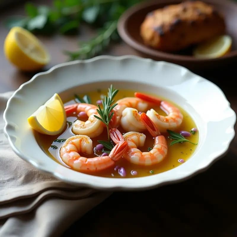 Bouillabaisse de gambas y mezclum de hierbas en cuenco hondo de cerámica blanca, con caldo dorado y transparente, gambas rosadas, rodajas de limón y hierbas frescas flotando. Plato ligero y aromático, típico de la cocina francesa moderna.