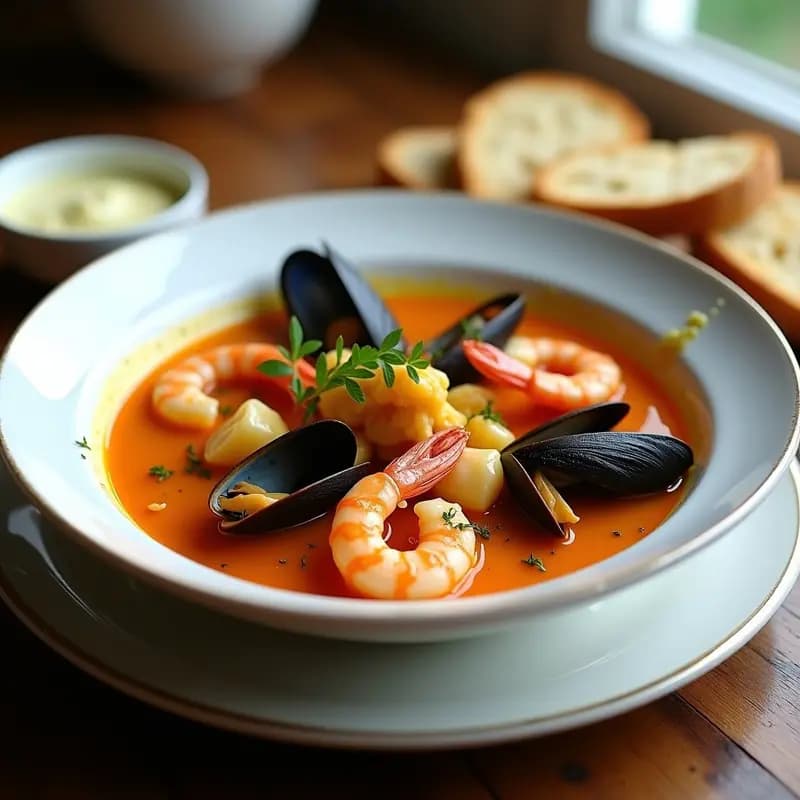 Cuenco hondo de cerámica blanca con bouillabaisse de marisco y azafrán, repleto de mejillones, gambas, almejas y calamares en un caldo dorado. Acompañado de rebanadas de pan tostado con allioli y decorado con hierbas frescas y hebras de azafrán.