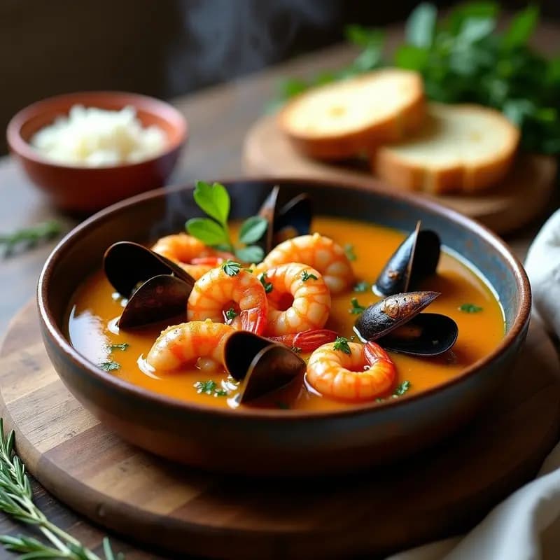 Bouillabaisse de mariscos con azafrán en cuenco hondo de barro, con mejillones, gambas y calamares en un caldo dorado aromatizado con hierbas provenzales. Acompañado de rebanadas de pan rústico tostado y un toque de perejil fresco.