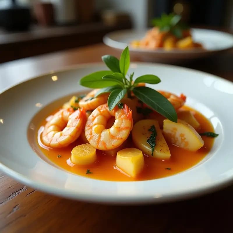 Olla de barro con bouillabaisse vegana de mariscos en leche de coco, corazones de palma y champiñones portobello, decorada con perejil fresco y algas nori, servida en plato hondo rústico sobre mesa de madera.