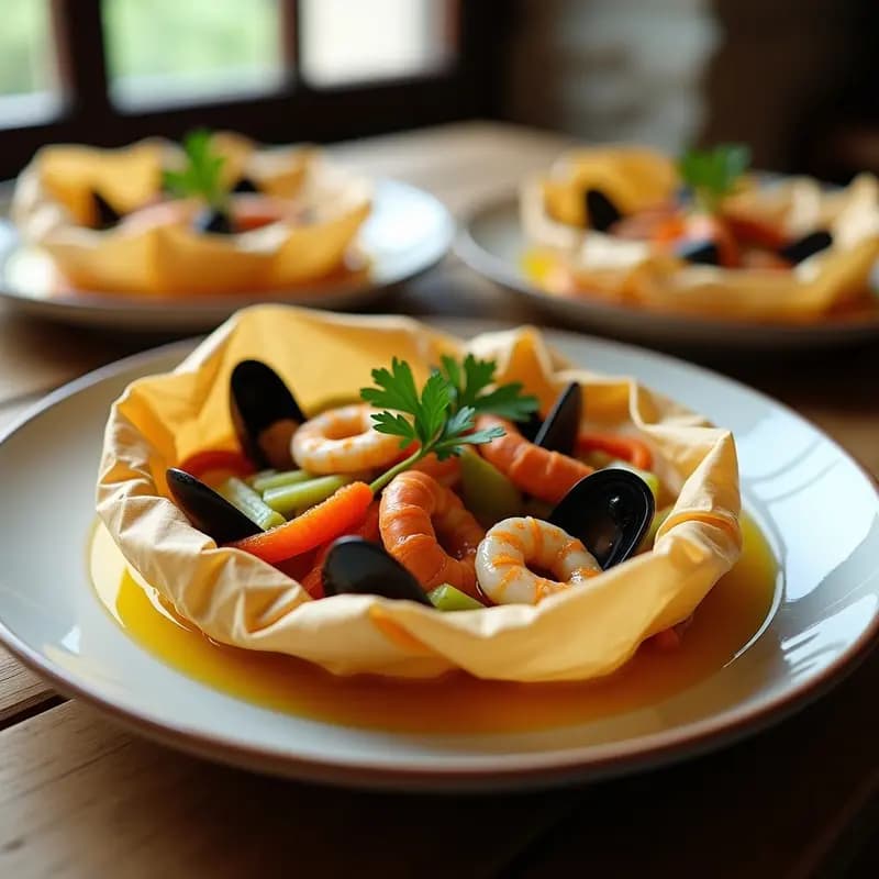 Papel de horno abierto mostrando una Bouillabaisse de mariscos en papillote sin aceite, con mejillones, gambas y caldo aromático con hierbas provenzales y limón, servida en plato blanco rústico.