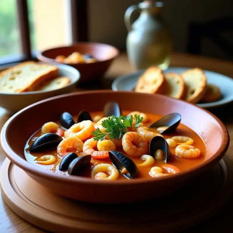 Plato hondo de barro con Bouillabaisse de mariscos al estilo provenzal, caldo dorado con azafrán, mejillones, almejas, langostinos y sepia, decorado con perejil fresco y rodajas de pan tostado.