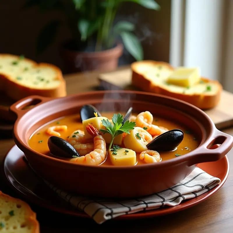 Olla de barro humeante con Bouillabaisse Marsellesa, llena de trozos de merluza, calamares, mejillones y langostinos en un caldo dorado con azafrán, acompañada de rebanadas de pan de ajo tostado y perejil fresco.