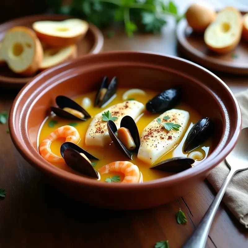 Plato hondo de barro con bouillabaisse de pescado y azafrán, mostrando filetes de rape y merluza, mejillones abiertos, langostinos y calamares en un caldo dorado y aromático, acompañado de rebanadas de pan rústico tostado. Receta tradicional francesa en olla lenta.