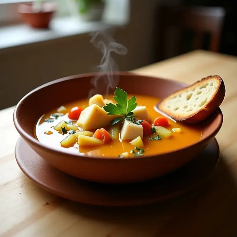 Cuenco hondo de barro con bouillabaisse francesa de pescado blanco y azafrán, caldo dorado con trozos de merluza, apio, puerro y tomate. Acompañado de una rebanada de pan integral tostado y hierbas frescas. Receta en olla express y baja en calorías.