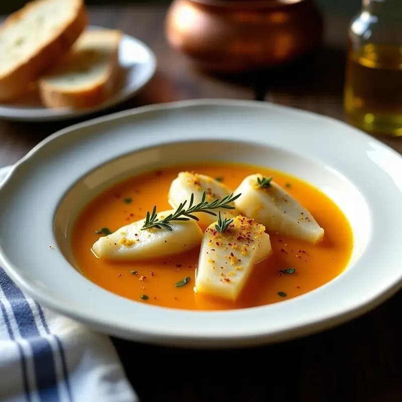 Plato hondo de cerámica blanca con bouillabaisse provenzal de pescado blanco, filetes de merluza y almejas en un caldo dorado con hierbas provenzales, servido sobre rebanadas de pan tostado. Acompañado de una rama de perejil fresco y un chorrito de aceite de oliva virgen extra.