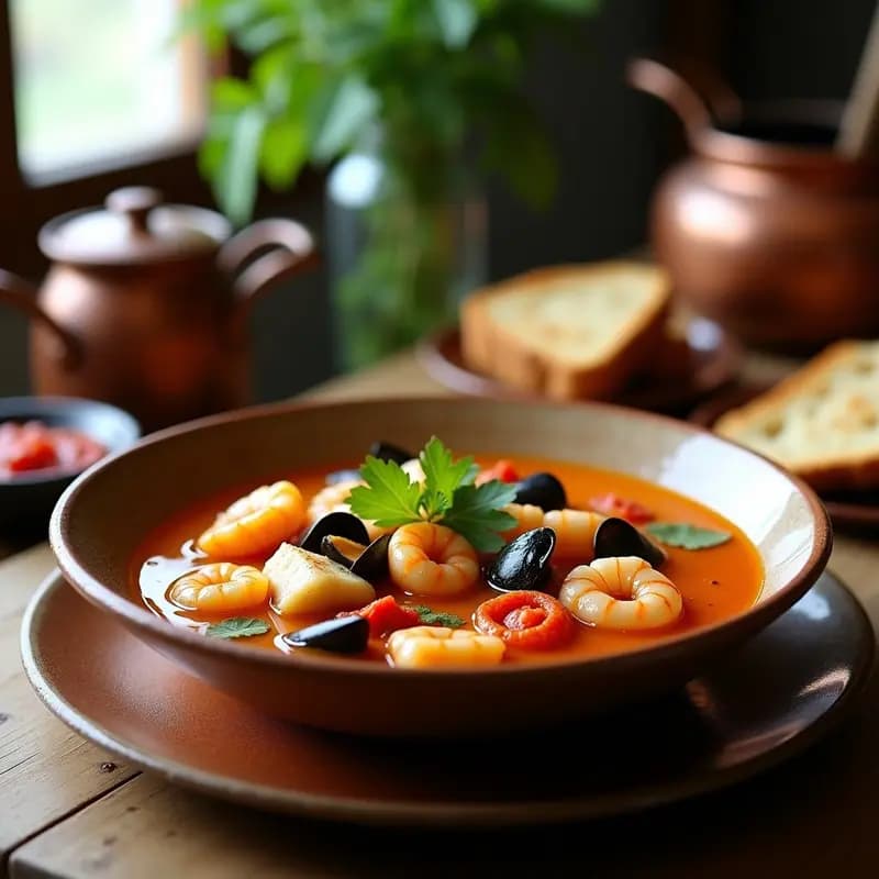 Olla de barro rústica con bouillabaisse de pescado y mariscos con azafrán, caldo dorado y aromático, filetes de lubina y merluza, mejillones abiertos, langostinos y calamares, decorado con perifollo fresco. Cuenco aparte con rouille cremosa sin lactosa. Plato gourmet francés sin lactosa.