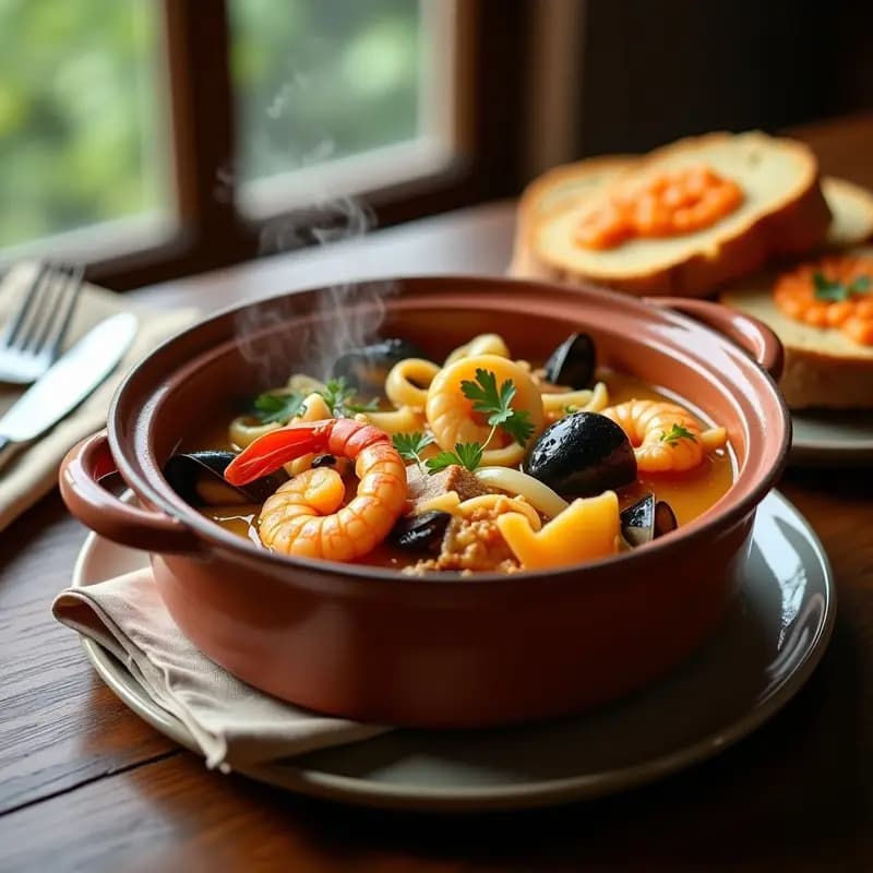 Olla de barro humeante con bouillabaisse provenzal de pescado y mariscos, caldo dorado con azafrán, trozos de rape, mejillones abiertos, langostinos y calamares, rodeada de rebanadas de baguette tostado y hierbas frescas, sobre una mesa rústica de madera con mantel de lino.