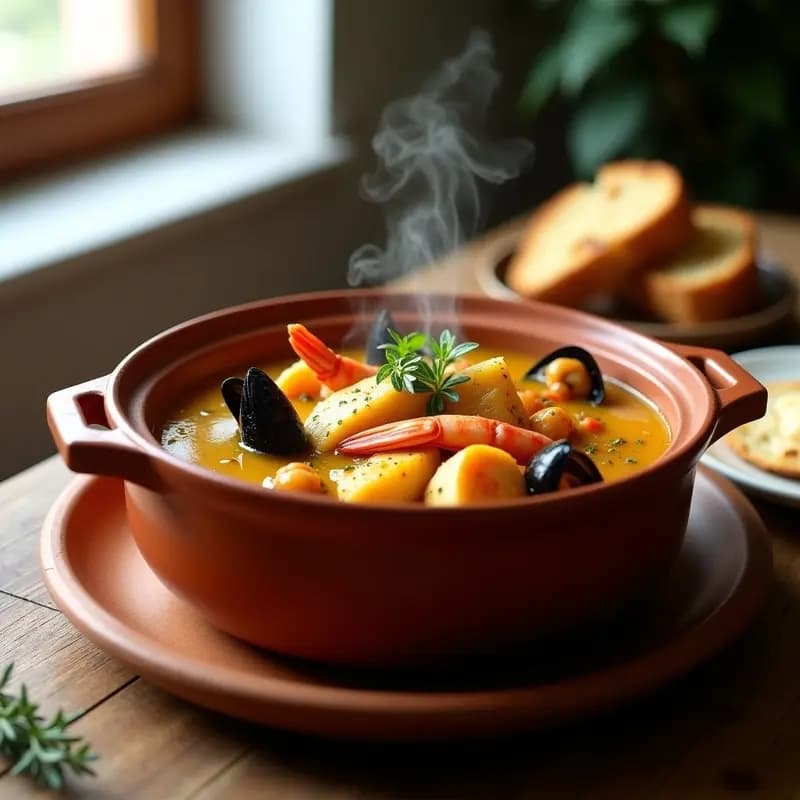 Olla de barro humeante con bouillabaisse de pescado y mariscos, trozos de merluza, gambas rojas y mejillones en un caldo dorado con azafrán, rodeado de hierbas frescas y rebanadas de pan tostado.