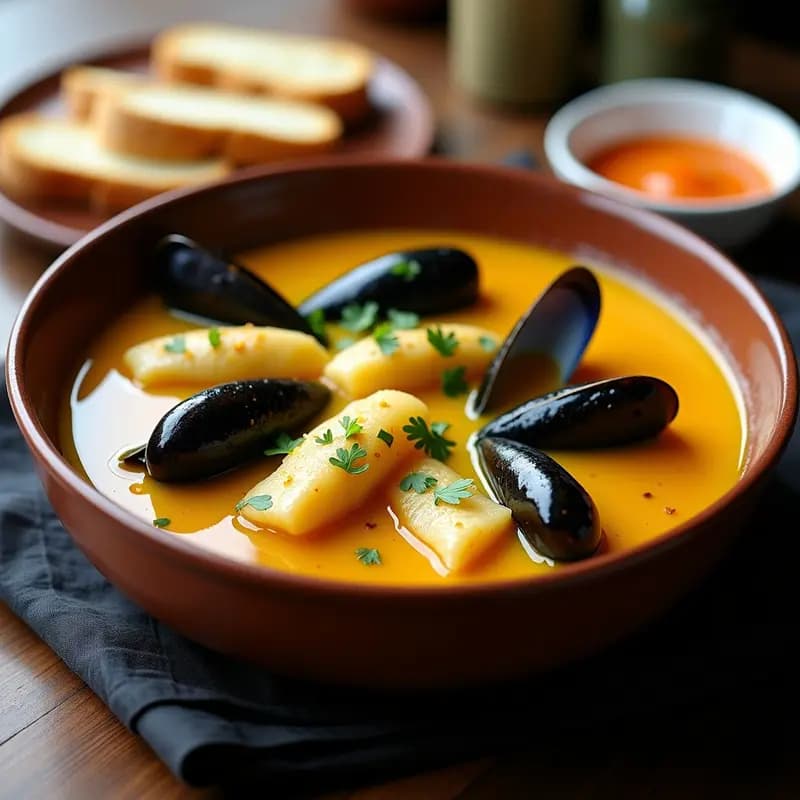Plato hondo de barro con bouillabaisse de pescado y mejillones en caldo dorado con azafrán, acompañada de rebanadas de pan rústico tostado y perejil fresco. Receta francesa gourmet en olla exprés.