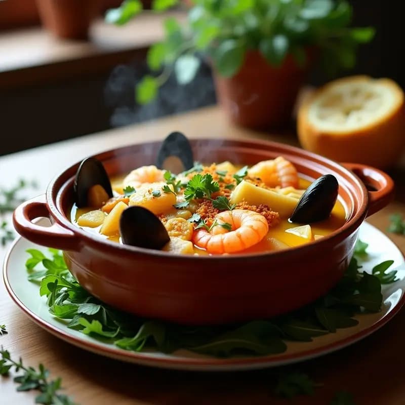 Olla de barro humeante con Bouillabaisse francesa, llena de lomos de merluza, langostinos, mejillones y calamares en un caldo dorado con azafrán. Espolvoreada con rúcula fresca y acompañada de rebanadas de pan rústico.