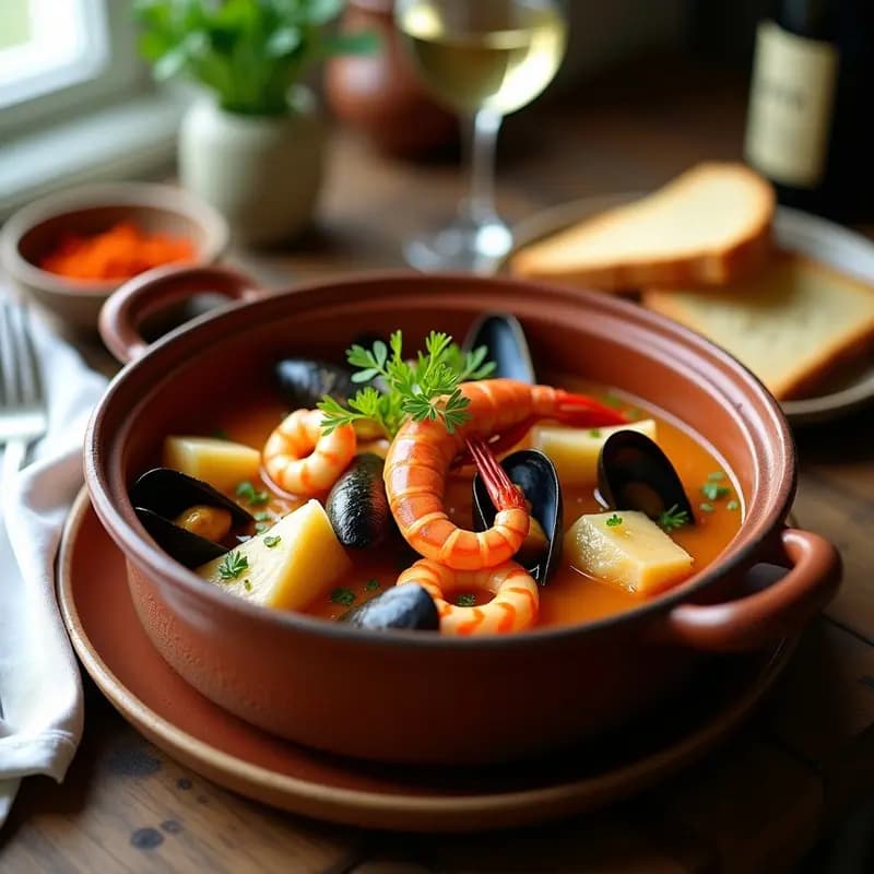 Olla de barro humeante con bouillabaisse de pescados y mariscos, caldo dorado por el azafrán, trozos de lubina, gambas y mejillones, acompañado de pan tostado con alioli sobre mesa rústica de madera.