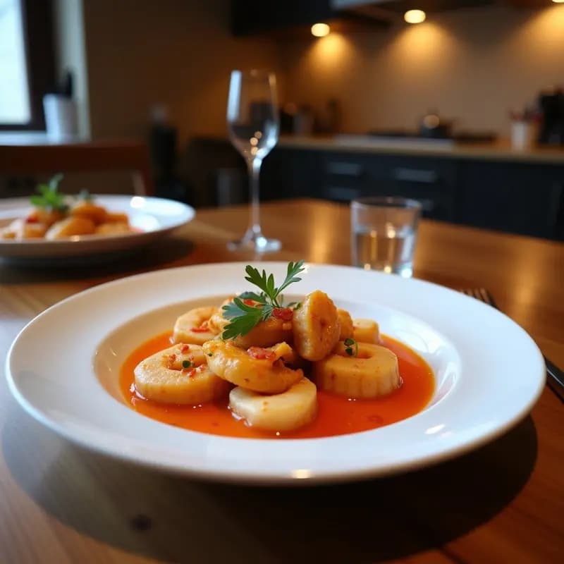 Olla de barro humeante con bouillabaisse francesa de pescados y mariscos, caldo dorado con azafrán, trozos de salmón, gambas y mejillones, acompañada de pan rústico y rouille. Plato tradicional del Mediterráneo.