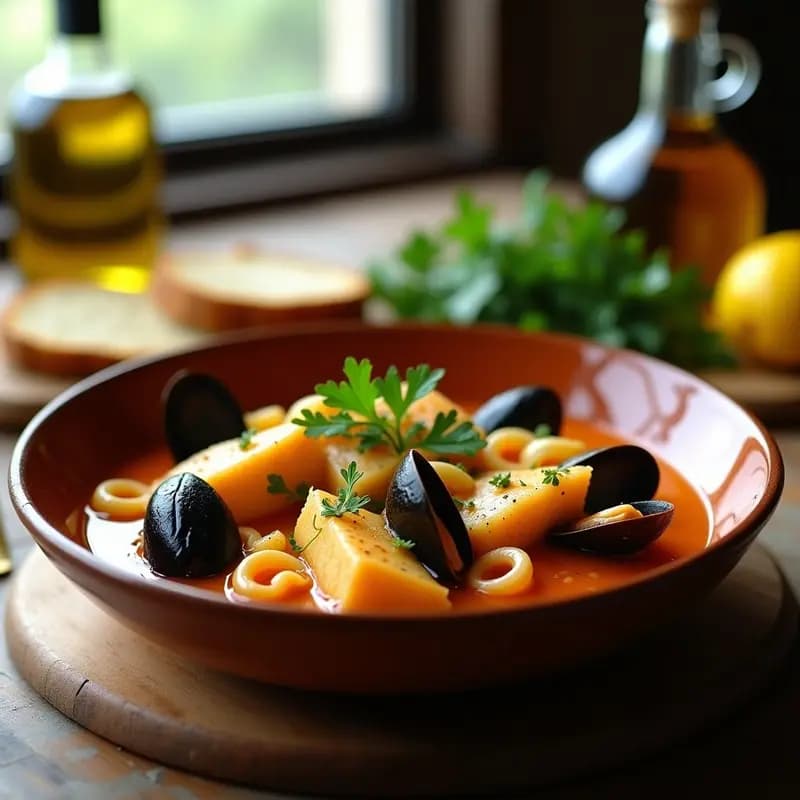 Cuenco hondo de cerámica blanca con bouillabaisse provenzal: caldo dorado por el azafrán, trozos de merluza y bacalao, zanahoria, puerro y aceitunas negras, servido sobre un lecho de rúcula fresca. Al fondo, una baguette tostada y una ramita de tomillo.
