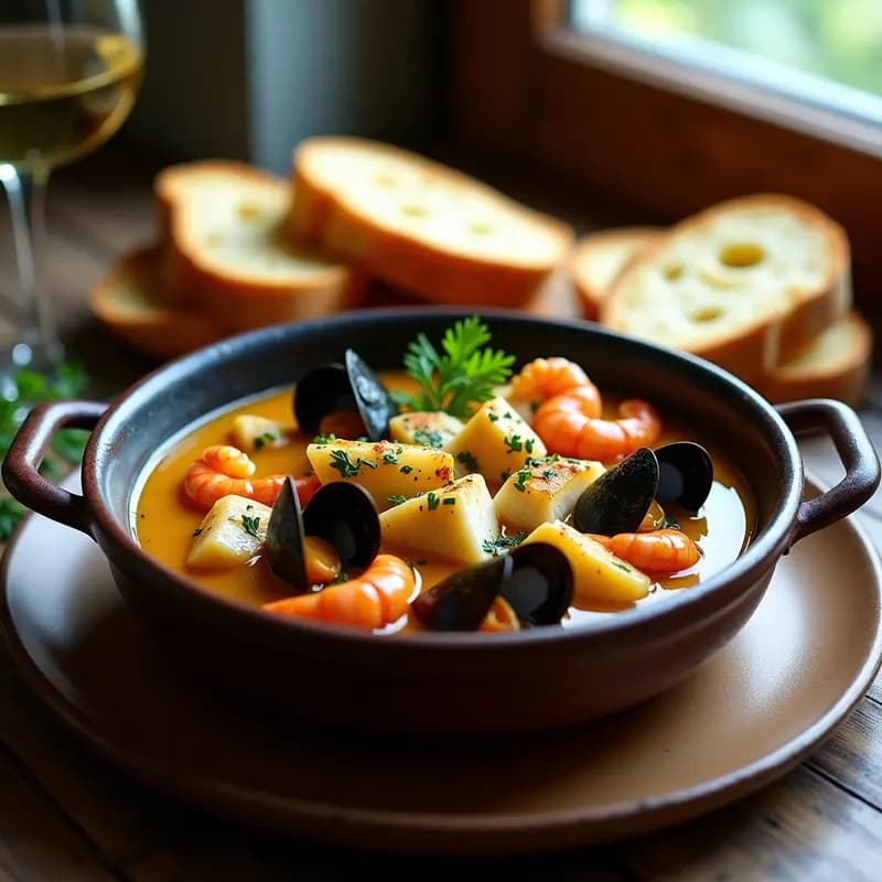 Bouillabaisse Provenzal con Saffron servida en un bol de barro oscuro, con trozos de rape, merluza, mejillones y langostinos bañados en un caldo dorado. Acompañada de rebanadas crujientes de pan de ajo tostado con perejil fresco espolvoreado. Plato tradicional francés deMarsella.