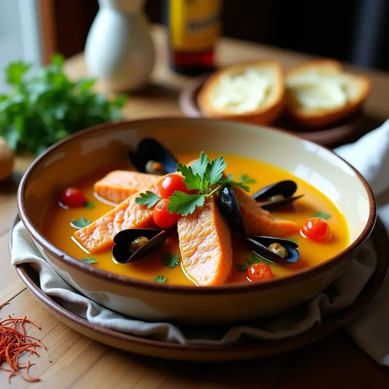 Cuenco hondo de cerámica blanca con Bouillabaisse Marsellesa: caldo dorado con hebras de azafrán, trozos de salmón rosado, almejas y perejil fresco. Acompañado de rebanadas de pan de centeno tostado sobre una mesa rústica de madera.