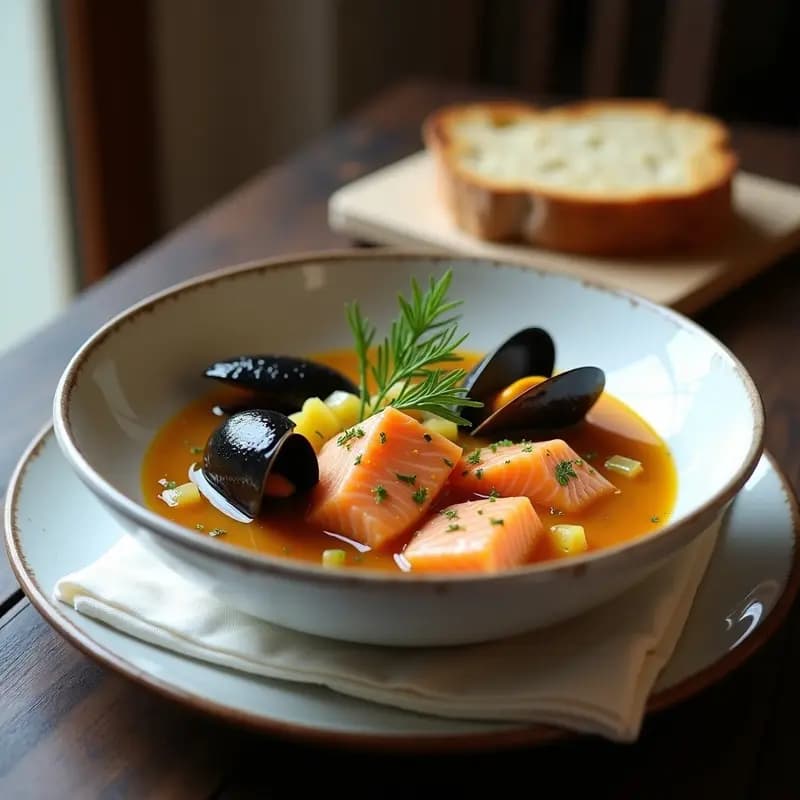 Bouillabaisse de Salmón y Mejillones en cuenco hondo de cerámica blanca, con caldo dorado aromatizado con azafrán, trozos de salmón rosa, mejillones abiertos, hinojo y eneldo fresco. Acompañado de rebanada de pan rústico tostado. Receta francesa alta en Omega-3.