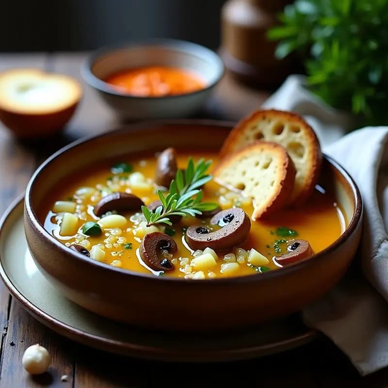 Bouillabaisse vegana de setas y azafrán servida en cuenco hondo de cerámica rústica, con caldo dorado y espeso, trozos de setas portobello y shiitake, y rebanadas de pan de centeno tostado. Hierbas frescas y hebras de azafrán decoran el plato.