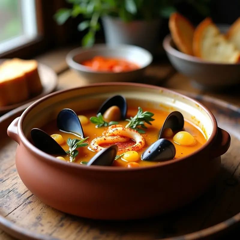 Cuenco hondo de barro con bouillabaisse vegana de algas wakame y nori, champiñones portobello y corazones de alcachofa en un caldo dorado con azafrán, acompañado de pan de centeno tostado.