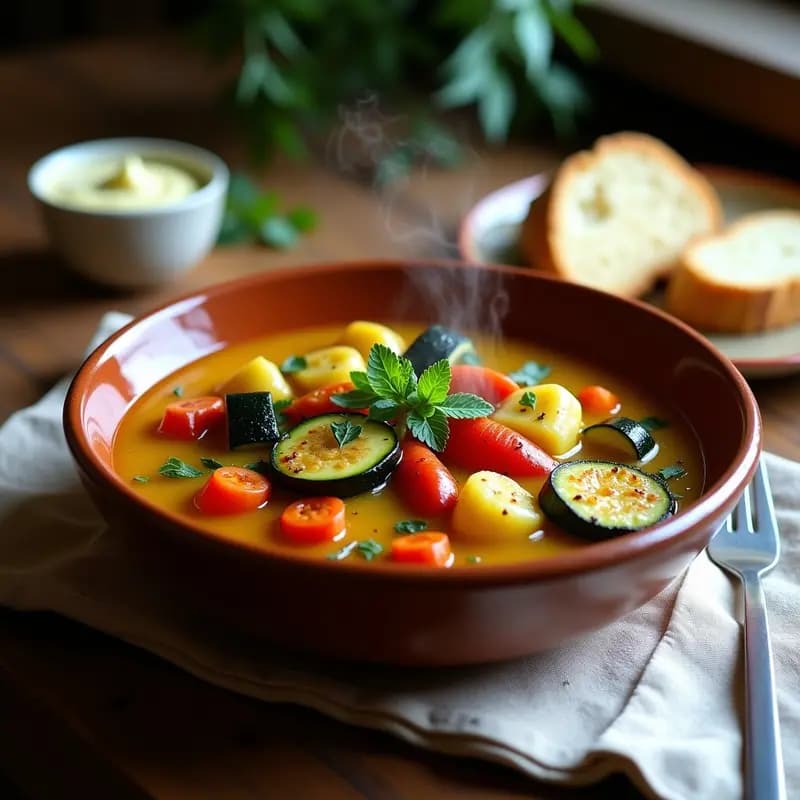 Cuenco hondo de barro con Bouillabaisse de Verduras y Algas vegana, caldo dorado con trozos de calabacín, zanahoria y algas nori, acompañado de pan tostado con alioli vegano y hierbas provenzales frescas.