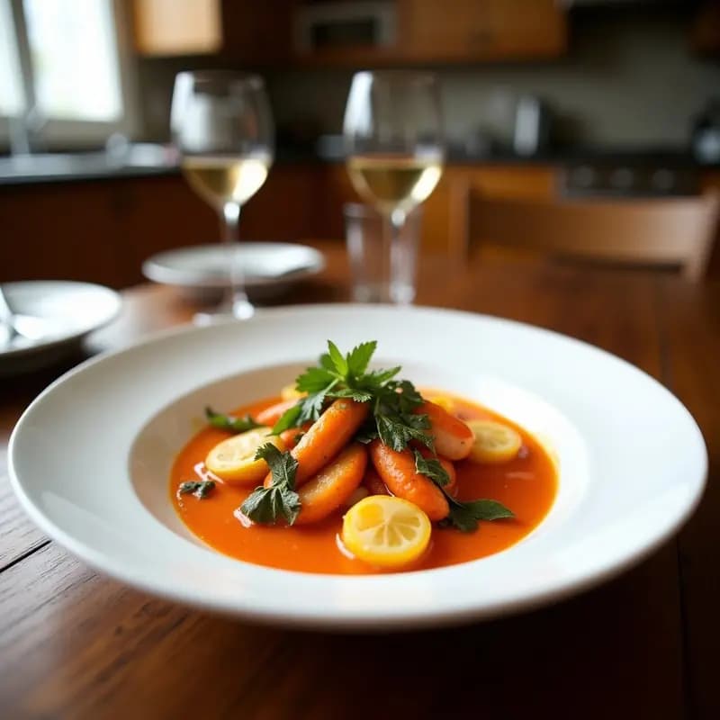 Plato hondo de barro con bouillabaisse de verduras y azafrán, estofado vegano francés con trozos de calabacín, berenjena, tomate y pimiento rojo, bañado en un caldo dorado aromatizado con azafrán y hierbas provenzales. Acompañado de rebanadas de pan integral tostado y decorado con aceitunas negras y alcaparras.