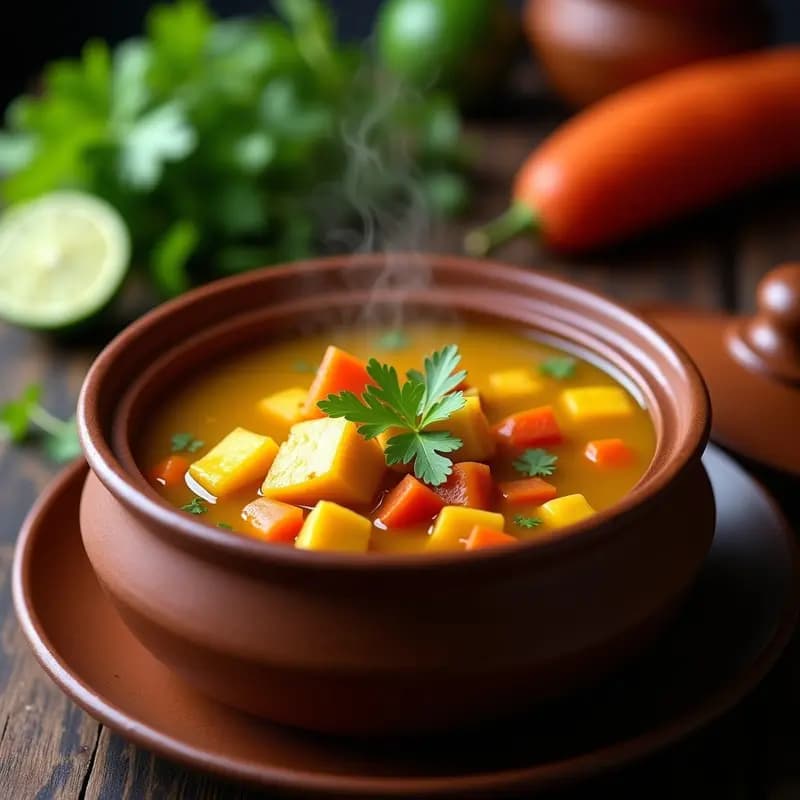 Olla de barro humeante con bouillon cubano espeso, cubos de yuca dorados, rodajas de plátano maduro y cilantro fresco, servido en plato rústico de cerámica con fondo de madera oscura.
