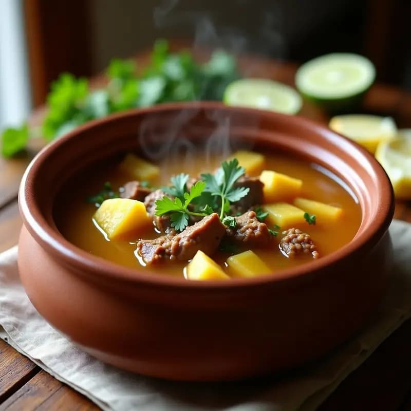 Bouillon Cubano con Yuca y Res servido en un plato hondo de barro, con trozos de yuca dorada, carne de res desmenuzada y cilantro fresco espolvoreado, rodeado de hierbas verdes y un fondo rústico de madera.