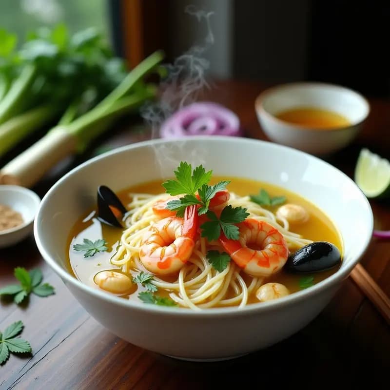 Cuenco hondo de cerámica blanca con bouillon de fideos con mariscos y lemongrass, gambas rosadas, mejillones abiertos, fideos de arroz translúcidos, rodajas de chile rojo y hojas de cilantro fresco. Fondos de hierbas vietnamitas y tallos de lemongrass como decoración.