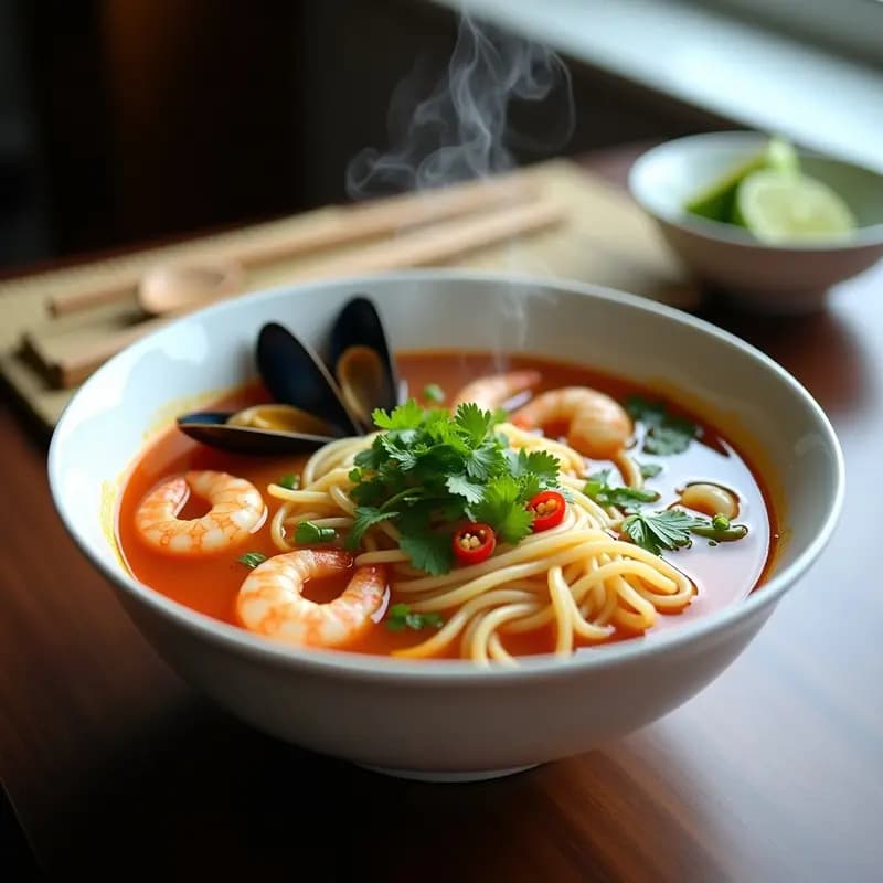 Cuenco hondo de cerámica negra con Bouillon de Mariscos con Fideos de Arroz, caldo dorado y espeso con camarones, mejillones y almejas, fideos de arroz gruesos, decorado con cilantro fresco, menta asiática y gajos de limón. Plato tradicional chino picante y reconfortante.
