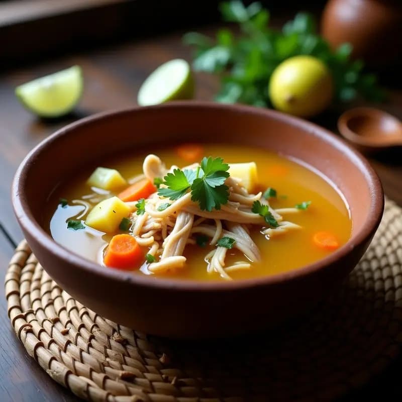 Plato hondo de barro con Bouillon de Pollo con Hravo y Yuca, sopa colombiana espesa con trozos de pollo desmenuzado, yuca amarilla, papa, zanahoria y hravo rehidratado, espolvoreada con cilantro fresco, sobre fondo rústico de madera.