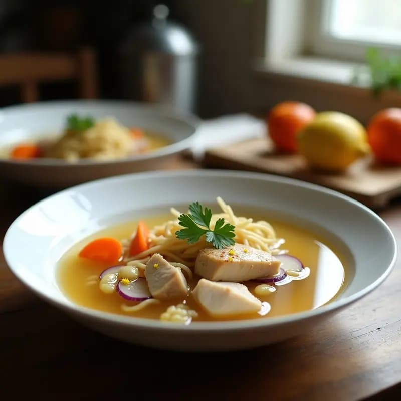 Cuenco hondo de cerámica blanca con bouillon de pollo y jengibre, fideos de arroz finos, trozos de pechuga de pollo, zanahoria y cebolla morada. Decorado con perejil fresco y ralladura de limón sobre fondo rústico de madera.
