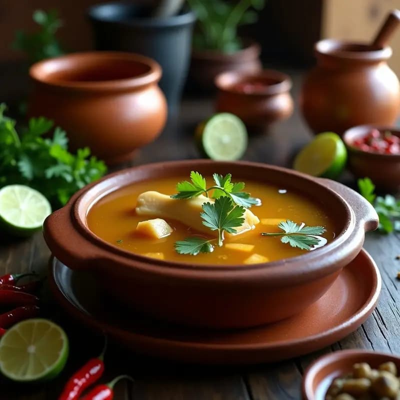 Tazón de barro humeante con bouillon de res con huesos de tuétano, color ámbar intenso, decorado con hojas de hoja santa y rodajas de limón. Caldo mexicano nutritivo en olla lenta.