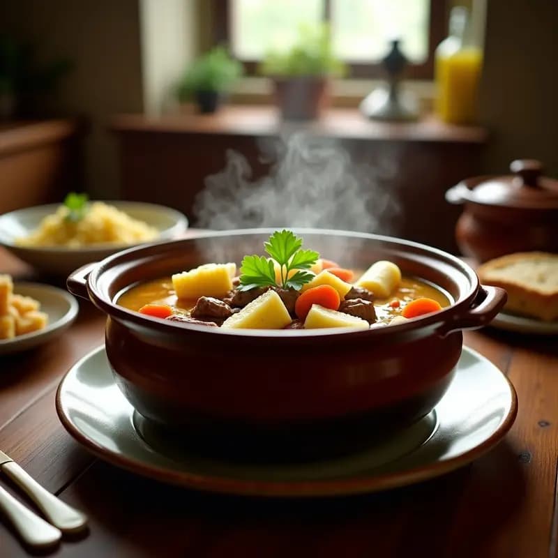 Olla lenta con bouillon de res y verduras colombiano, lleno de trozos de yuca, plátano verde, mazorca y zanahoria, servido en un tazón hondo con cilantro fresco espolvoreado.