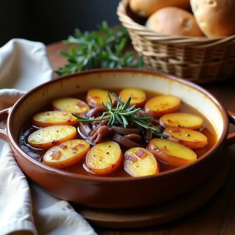 Plato hondo de barro con boulangère de patatas en capas doradas, cebolla caramelizada y caldo de pollo reducido, servido con hierbas frescas. Receta francesa en olla lenta reconfortante.