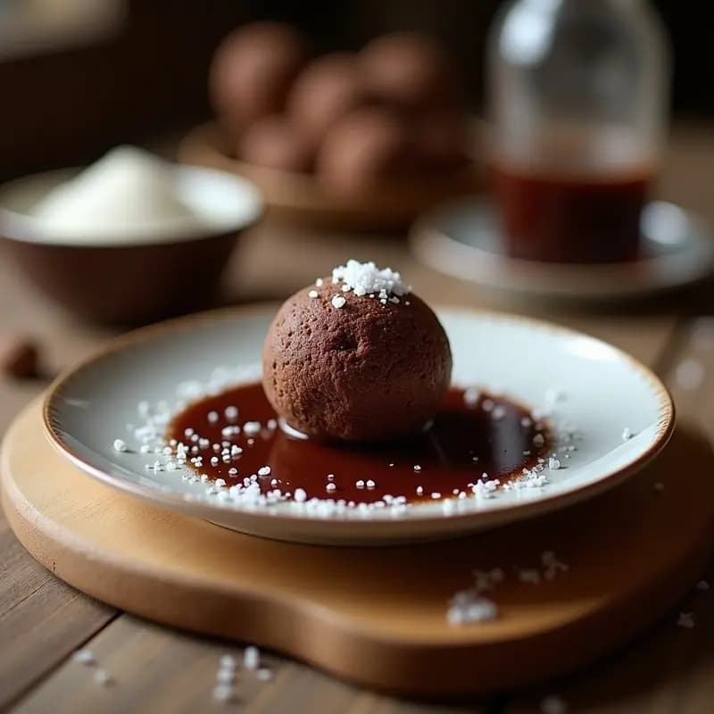 Boule de chocolat et noisette sobre plato negro de porcelana, decorada con avellanas tostadas, escamas de sal marina y hojas de oro comestible, con fondo desenfocado de cocina francesa elegante.