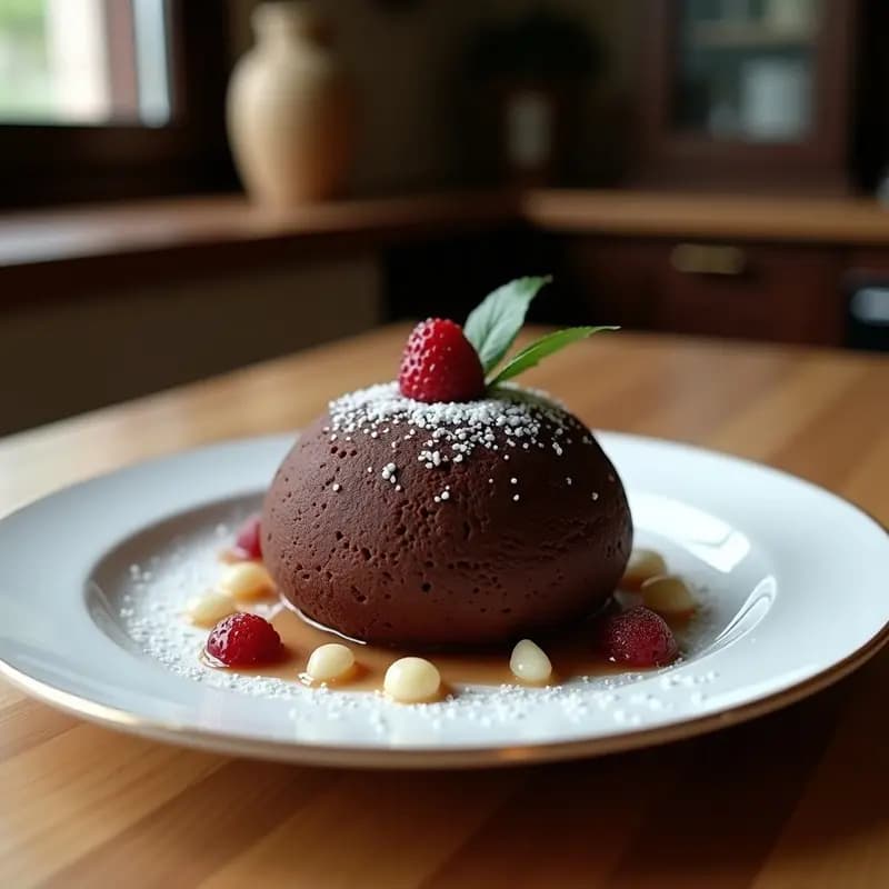 Boule de chocolate negro brillante con corazón líquido oscuro y escamas de sal de Himalaya, servida en plato blanco sobre fondo de mármol. Postre vegano francés elegante y sofisticado.