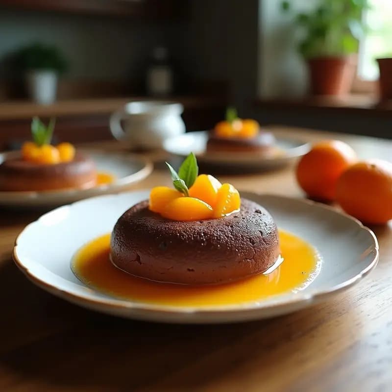 Boule de Chocolate y Naranjas Confitadas sin gluten en molde redondo, con superficie brillante y decorado con almendras fileteadas y trozos de naranja confitada. Presentado en plato blanco con fondo rústico.