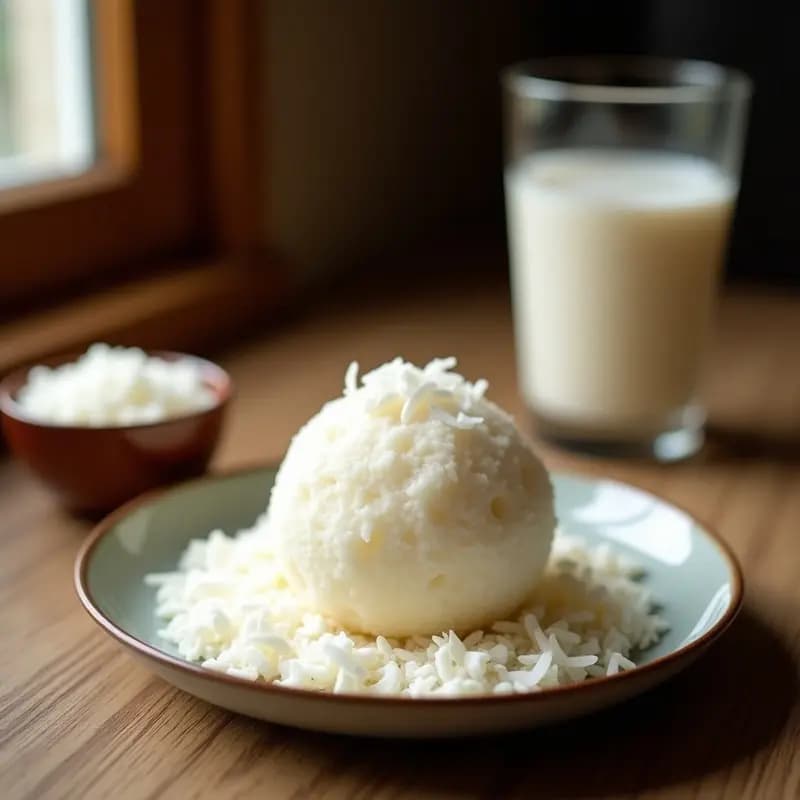 Boule de Neige vegano sin azúcar: esfera esponjosa blanca cubierta de coco rallado y almendras fileteadas, servida en plato elegante con fondo borroso de cocina francesa.
