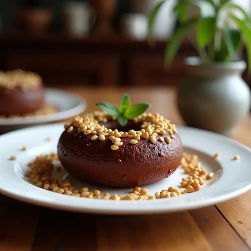 Boule de Nuez y Cacao sin gluten con corteza dorada y crujiente, decorada con semillas de chía y nueces picadas, servida en tabla de madera rústica con rodajas visibles.