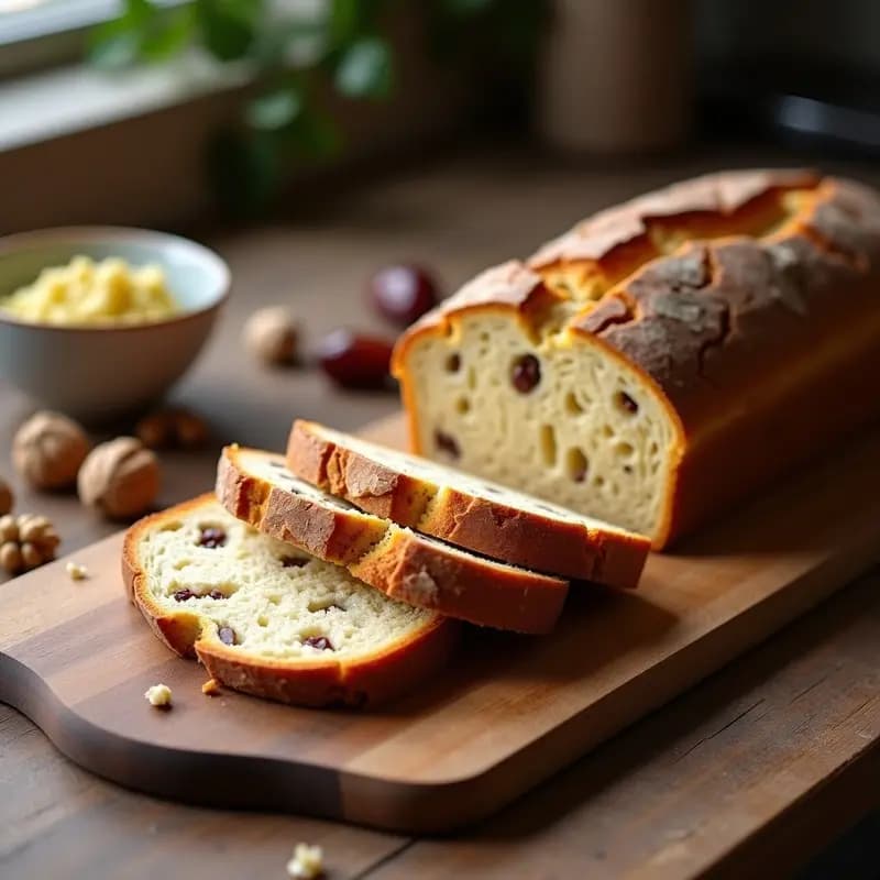 Boule de Nuez y Dátiles: Pan Francés Sin Harina y Sin Azúcar, con corteza dorada y nueces visibles, rebanado sobre tabla de madera rústica con fondo borroso.