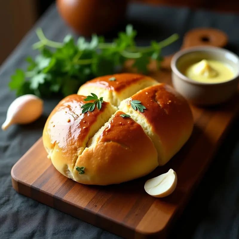 Boule de Pain de Miez dorado y esponjoso sobre una tabla de madera rústica, cortado en rodajas gruesas con mantequilla de ajo y perejil untada en la superficie. Fondo con ingredientes dispersos: harina, ajo y perejil fresco.