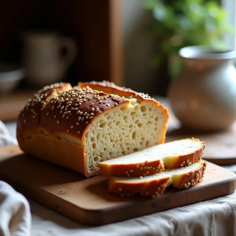 Boule de pan de centeno dorado con semillas de lino dorado esparcidas por la superficie, corteza crujiente y miga densa. Servido sobre una tabla de madera rústica con un cuchillo de pan y rodajas visibles.