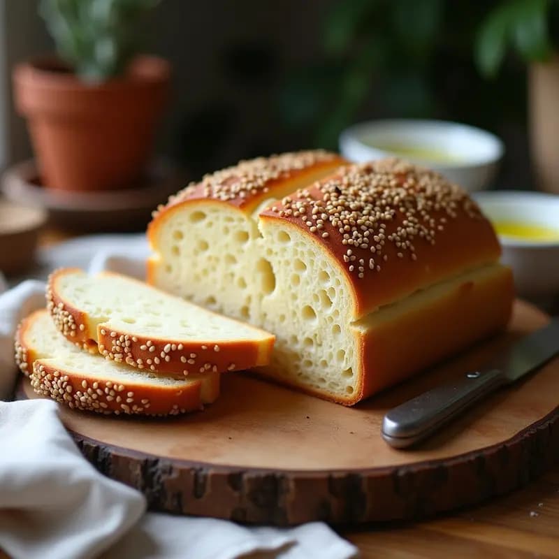 Boule de pan de centeno sin harina keto con corteza dorada y crujiente, decorada con semillas de sésamo tostadas, sobre una tabla de madera rústica con fondo borroso de cocina francesa.
