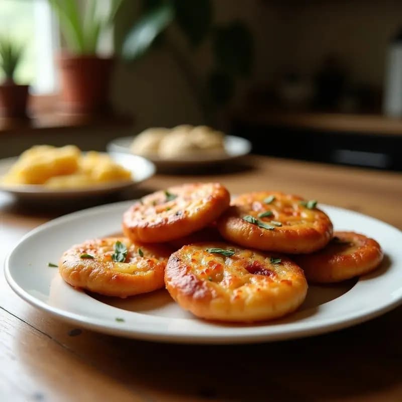 Boule de Pan de Maíz Morado vegano y sin gluten, con corteza dorada y brillante espolvoreada con semillas de amapola, cortado en rebanadas mostrando su miga esponjosa y morada. Receta francesa en Airfryer, servido sobre tabla de madera rústica con fondo desenfocado.