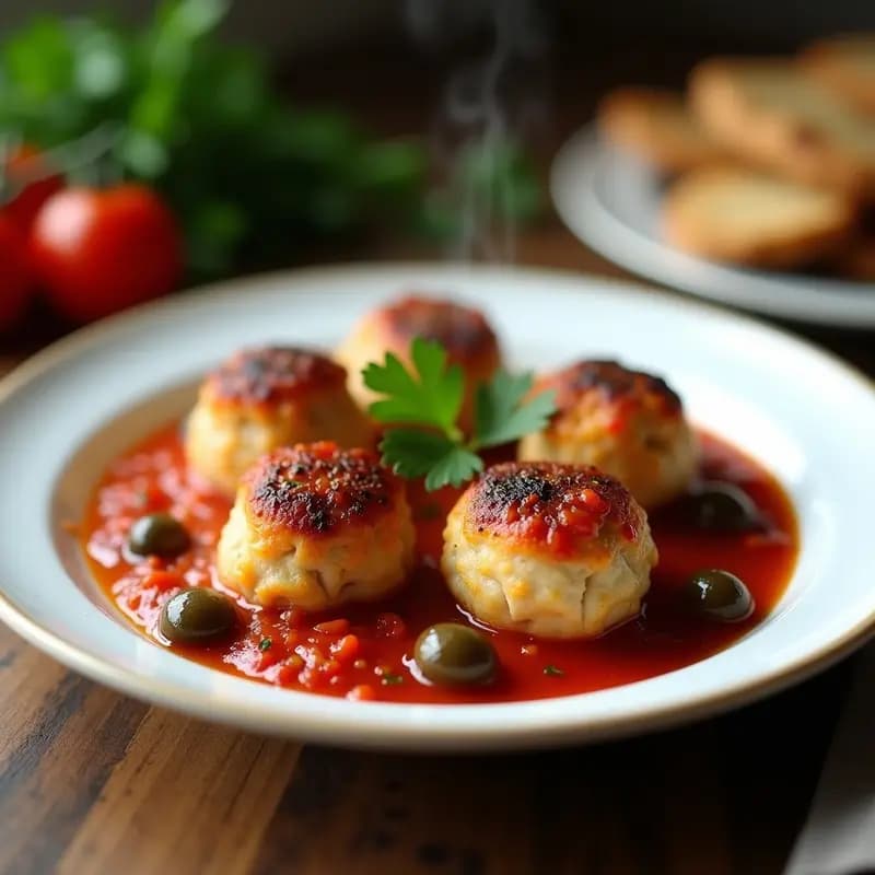 Plato blanco con boulettes de atún doradas bañadas en salsa de tomate espesa con aceitunas Kalamata y hierbas provenzales, acompañado de perejil fresco. Receta francesa alta en omega-3.